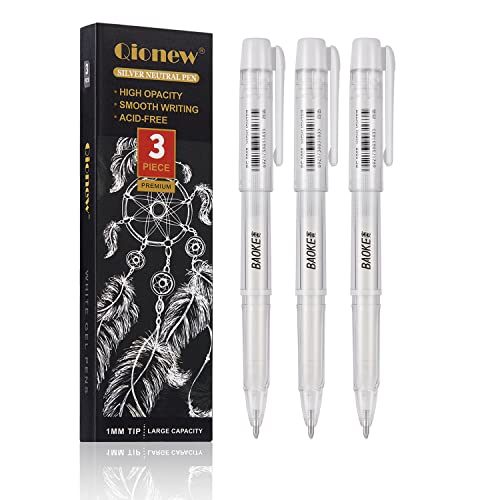 Qionew White Gel Pen Set, 3 Pack, 1mm Extra Fine Point Pens Gel Ink Pens Opaque White Archival Ink Pens for Black Paper Drawing, Sketching, Qionew