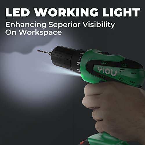 YIOU 20V MAX Cordless Drill, 18 Position Clutch Drill with 23PCS Drill Set, 3/8 Inches Keyless Chuck Power Drill and Battery Charger, Green Driller YIOU