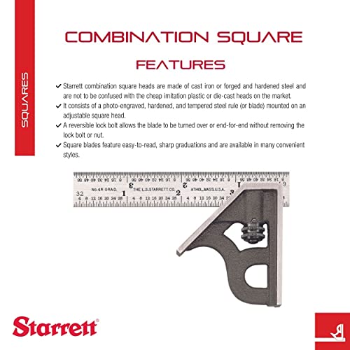 Starrett Steel Combination Square with Square Head - 4" Blade Length, Cast Iron Heads, Hardened Steel, Reversible Lock Bolt, 4R Graduation Type - Starrett