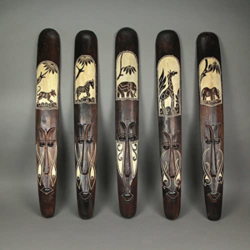 Set of 5 Hand Carved Brown Wood African Style Decorative Tribal Masks Wall Decor 39 Inches High Zeckos