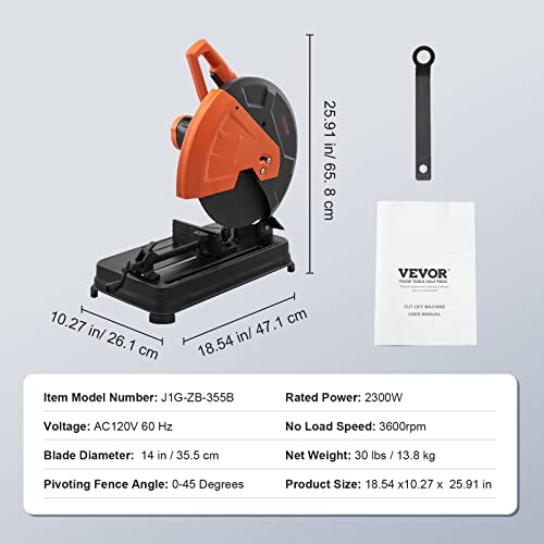 VEVOR Abrasive Chop Saw, 14in / 35cm Blade Cut Off Saw, 2300W 3600RPM Steel Cutting Machine, 0-45 Degrees Adjustable Angle Miter Saw for Cutting Vevor