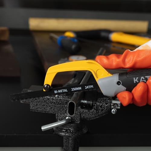 KATA Hacksaw, Compact Hand Operating Hack Saw with 10 Inch Aluminum Frame and 2 Piece Extra Flexible Bi-Metal HSS Blades, Suitable for Wood and Metal KATA