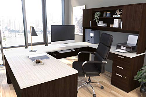 Bestar Ridgeley U-Shaped Executive Desk with Pedestal and Hutch in, 65W, White Chocolate Bestar