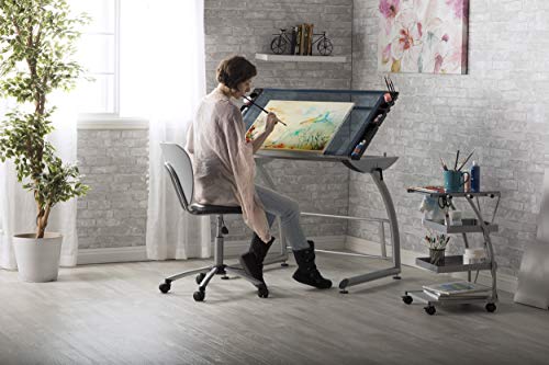 SD STUDIO DESIGNS Triflex Drawing Table, Sit to Stand Up Adjustable Office Home Computer Desk, 35.25" W X 23.5" D, Silver/Blue Glass SD STUDIO DESIGNS