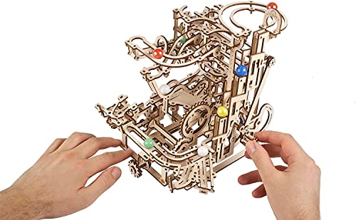 UGEARS Marble Run Tiered Hoist - Wooden Marble Run Kit with 10 Colored Marbles - 3D Puzzles for Adults and Kids - Amusement Park Wood Marble Track 3D UGEARS