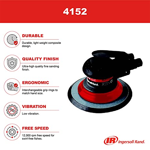 Ingersoll Rand 4152 6” Orbit Palm Pneumatic Sander with Pressure Sensitive Adhesive Pad, 12,000 RPM, Vacuum Ready, Lightweight, Composite Design, Low Ingersoll Rand