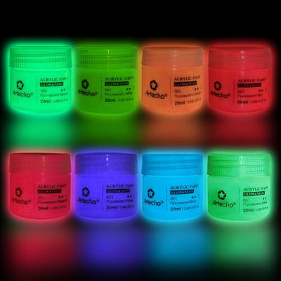 Artecho Glow in the Dark Paint - Set of 8 Colors, 20 ml / 0.7 oz Acrylic Paint for Decoration, Art Painting, Outdoor and Indoor Art Craft, Supplies