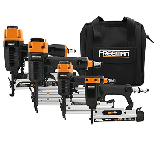 Freeman P4FNCB Pneumatic Finishing Nailer and Stapler Kit with Bag and Fasteners (4-Piece), Black with Orange Freeman