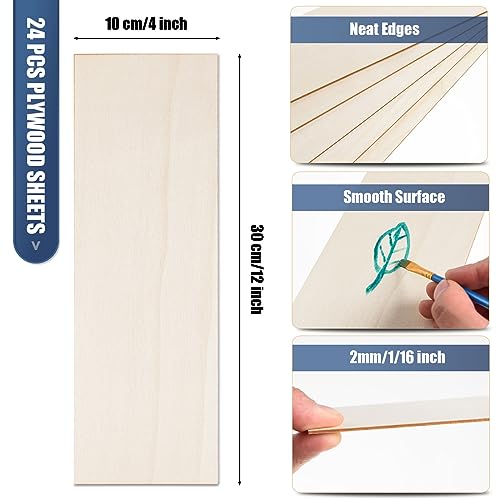 24 Pack Basswood Sheets for Crafts 12 x 4 x 1/16 Inch-2 mm Thick Unfinished Wood Sheets Thin Plywood Boards for Drawing, Painting, Wood Engraving, AWIZOM