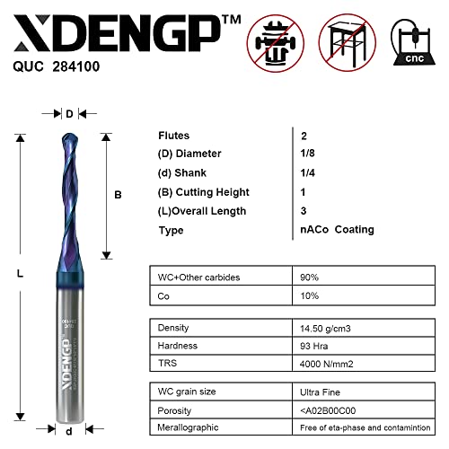 XDENGP Up Cut Ball Nose Router Bit for CNC, 1/8 inch Cutting Diameter and 1 inch Cutting Length 1/4 inch Shank with NACO Coated Carbide End Mill for XDENGP