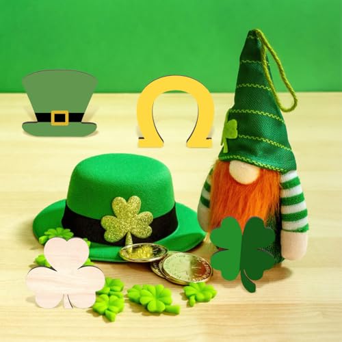 MAYJOYDIY 8pcs Shamrock Wooden Cutouts Unfinished Wood Shamrock Clover Cutouts Shamrock/Horseshoe/Four Clover/Hat Ornaments for DIY Craft Art MAYJOYDIY