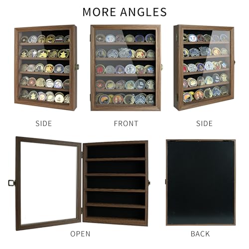 DecoWoodo Military Challenge Coin Display Case with HD Glass Door- 5 Rows Medal Display Case Cabinet Rack Shadow Box with Removable 2 Grooves Shelves DecoWoodo