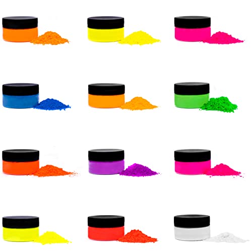 Rolio - Fluorescent Powder - 12 3g Jars of Pigment for Paint, Dye, Soap Making, Nail Polish, Epoxy Resin, Candle Making, Bath Bombs, Slime Rolio