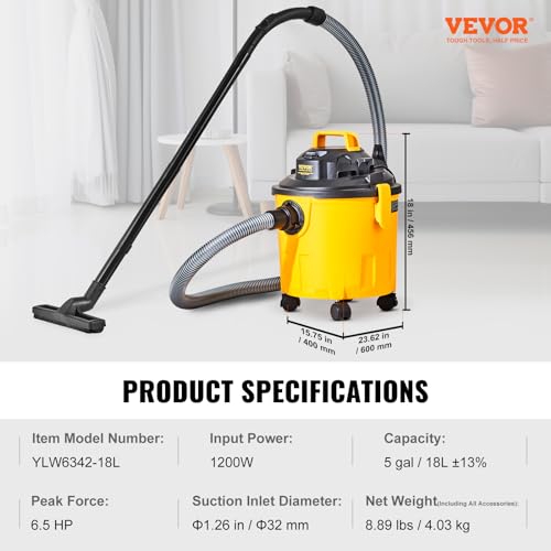 VEVOR Shop Vacuum Wet and Dry, 5 Gallon 6 Peak HP Wet/Dry Vac, Powerful Suction with Blower Function with Attachments 2-in-1 Crevice Nozzle, Small VEVOR