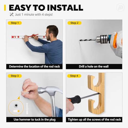 PLUSINNO WH5 Horizontal Fishing Rod/Pole Holders for Garage, Wall or Ceiling Mounted Fishing Rod Rack, Solid Wood Fishing Pole Holder Holds up to 5 PLUSINNO
