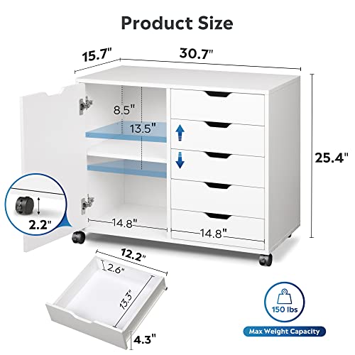 DEVAISE 5-Drawer Wood Dresser Chest with Door, Mobile Storage Cabinet, Printer Stand for Home Office DEVAISE