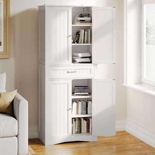 Gizoon 71'' Kitchen Pantry Storage Cabinet, Freestanding Cupboard with 4 Barn Doors and 4 Adjustable Shelves, Hutch Bar Cabinet with Large Drawer for Gizoon