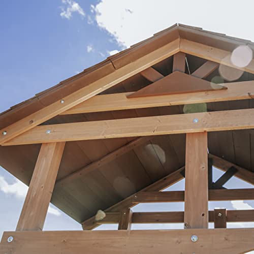 Backyard Discovery Lightning Ridge All Cedar Wooden Swing Set, Raised Clubhouse, 2 Belt Swings, 10 Inch Wave Slide, Ladder, Climbing Rock Wall Brown Backyard Discovery