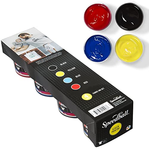 Speedball Fabric Screen Printing Ink Starter Set, 4-Colors, 4-Ounce for T-Shirt and Silkscreen Printmaking (Black, Yellow, Blue, Red) Speedball