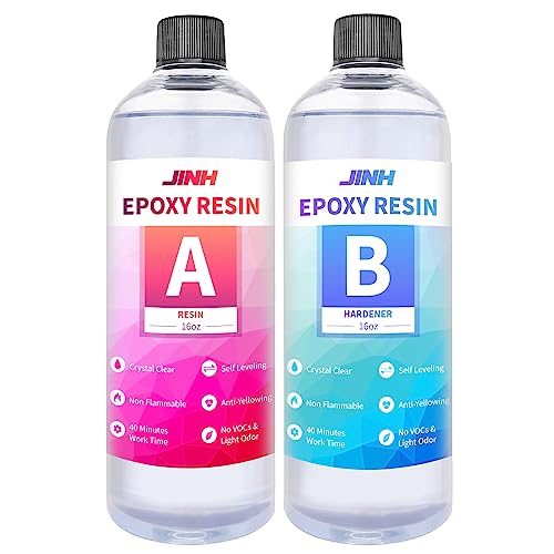 Epoxy Resin 32 oz, Crystal Clear Epoxy Resin Non Yellowing, Self Leveling with High Gloss, UV & Heat Resistant, Clear Resin Set for Jewelry Making, JINH
