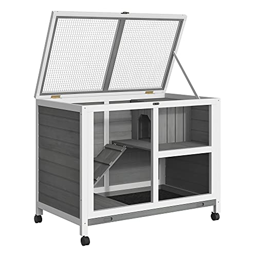PawHut Indoor Rabbit Hutch with Wheels, Desk and Side Table Sized, Wood Rabbit Cage, Waterproof Small Rabbit Cage, Gray PawHut