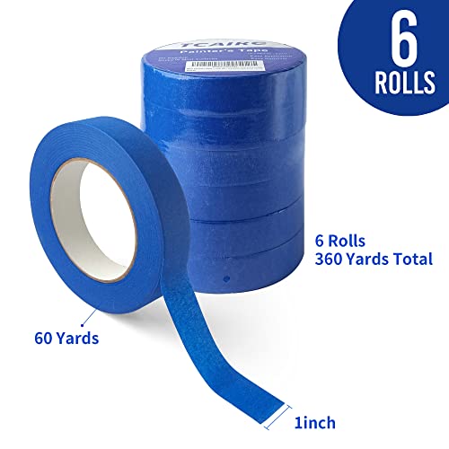 TCAIRG Blue Painters Tape 1 inch Wide Residue Free Wall Painting Blue Masking Tape with Sharp Lines 1 inch x 60 Yards x 6 Rolls (360 Total Yards) TCAIRG