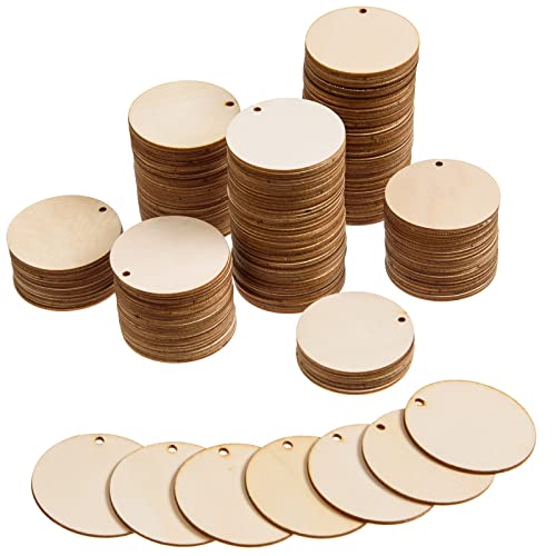 200 Pieces Unfinished Wood Circles with Holes, 2 Inch Wood Circles for Crafts, Small Round Wooden Discs Wood Blanks Round Cutouts Ornaments Slices AWIZOM