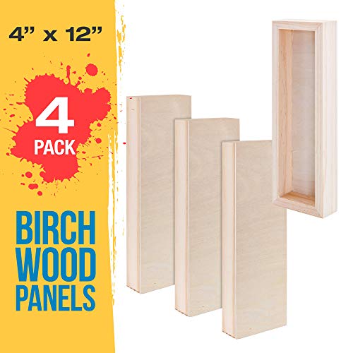 U.S. Art Supply 4" x 12" Birch Wood Paint Pouring Panel Boards, Gallery 1-1/2" Deep Cradle (Pack of 4) - Artist Depth Wooden Wall Canvases - Painting U.S. Art Supply