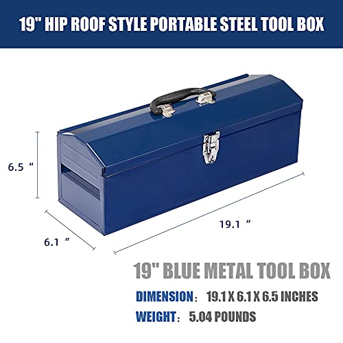 HPDMC Hip Roof Style Portable Steel Tool Box with Metal Latch Closure and Removable Storage Tray, 19" Blue 19.1" L x 6.1" W x 6.5" H HPDMC