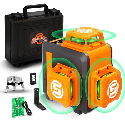 SUNPOW Laser Level 3x360° Self Leveling, Green Beam Cross Line Laser Level Tool for Construction & Picture Hanging - Build-in Li-ion Battery, Type-C