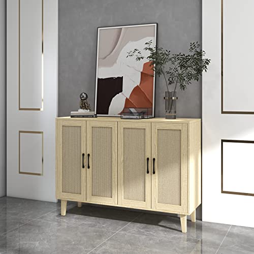 Panana Buffet Storage Cabinet with Rattan Decorating 4 Doors Living Room Kitchen Sideboard 48.43 x 34.65 x 15 inch (Natural Wood) Panana