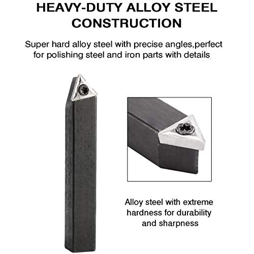 Toolly 5 Pieces 3/8 Inch Mini Lathe Indexable Carbide Insert Bit Tool Set for Turning, Cutting, Facing, Boring and Chamfering Toolly