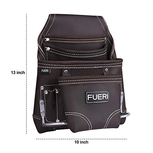 FUERI Leather Tool Pouch for Carpenters 10 Pocket Framers Belt Bag | High Gauge Premium Oil Tanned Leather Construction Maintenance Organizer Tool FUERI