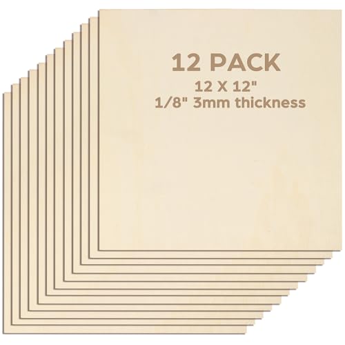 LotFancy Basswood Sheets for Craft, 12 Pack, 12 x 12 x 1/8 Inch, 3mm Thick Plywood Sheets, Unfinished Square Wood Boards for Laser Cutting & LotFancy