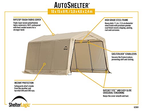 ShelterLogic 10' x 15' x 8' Peak Style Roof Instant Garage Carport Car Canopy with Steel Frame and Waterproof UV-Treated Cover, Sandstone ShelterLogic