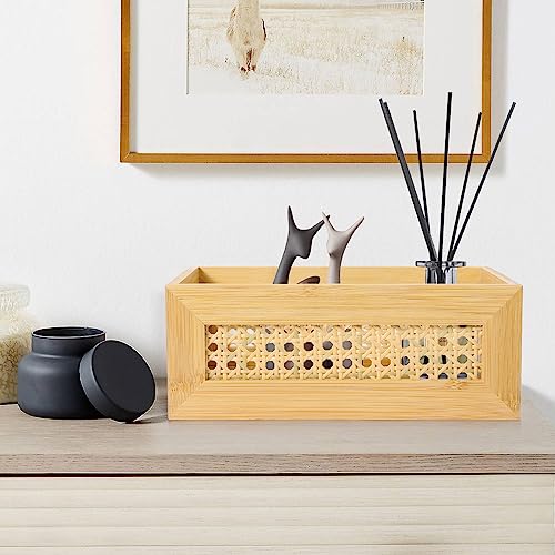 ANMINY 3 PCS Natural Bamboo Storage Bins Set Faux Rattan Frame Wicker Storage Baskets with Handles Sundry Office Drawer Desk Decorative Laundry ANMINY