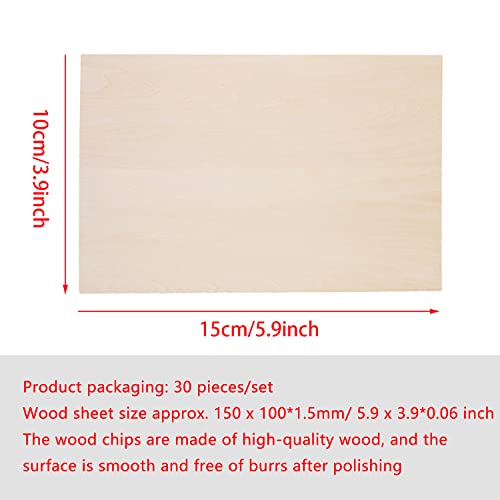 Basswood Sheets, 30 Pack Unfinished Wood, Rectangle Thin Plywood Wood Sheets for Crafts, Wood Burning and CNC Cutting, Wooden DIY Ornaments SIWUCHYE