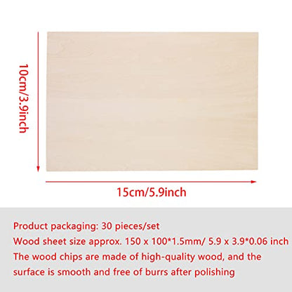 Basswood Sheets, 30 Pack Unfinished Wood, Rectangle Thin Plywood Wood Sheets for Crafts, Wood Burning and CNC Cutting, Wooden DIY Ornaments