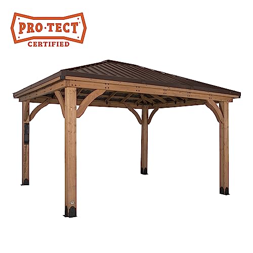 Backyard Discovery Barrington 14 ft. x 10 ft. Hip Roof Cedar Wooden Gazebo Pavilion, Shade, Rain, Hard Top Steel Metal Roof, All Weather Protected, Backyard Discovery