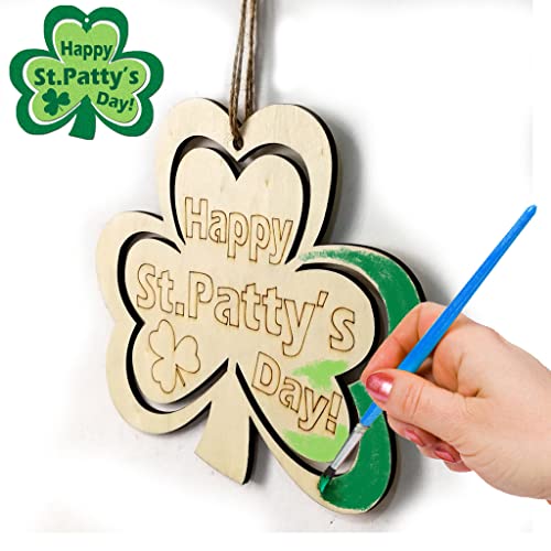 4 Pieces St. Patrick's Day Blank Wooden Ornament, Unfinished Hanging Shamrock Wooden Pendant, Clover Shaped Wood Embellishments with Twines for Irish Attria