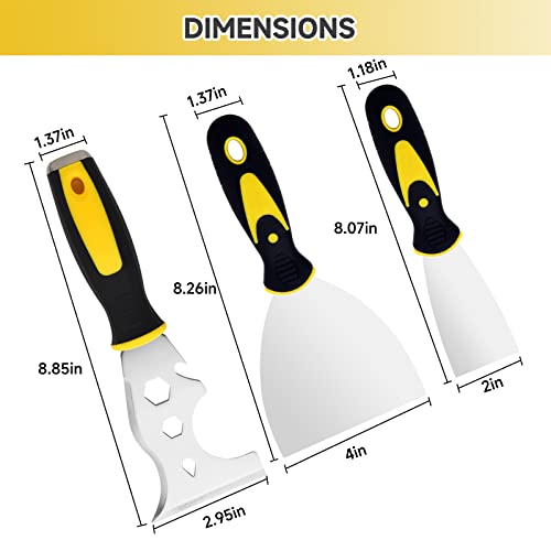 3Pcs Putty Knife, 2" 4" Spackle Knife Set Stainless Steel 15-in-1 Painters Scraper Wallpaper Scraper Tool for Repairing Drywall, Removing Wallpaper, Hyber&Cara