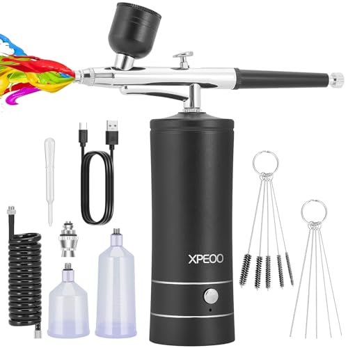 Airbrush KIT Cordless Rechargable with Compressor Portable Air Brush Sets,Auto Handled for Model Painting,Nail,Make Up,Tattoo, Black XPEOO