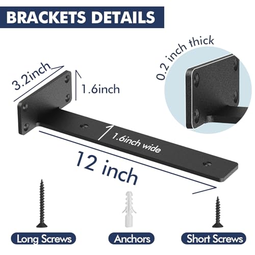 Starunder 8 Pack Floating Shelf Brackets,12 Inch Heavy Duty Industrial Shelf Bracket, Black Metal L Brackets for Shelves Support DIY(1/5 Inch Starunder
