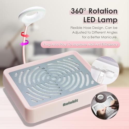 Rolokit Nail Dust Collector with Lamp&50pcs Disposable Filter&Dusting Brush, Electric Nail Vacuum Cleaner Dust Fan Suction Machine for Manicure Rolokit
