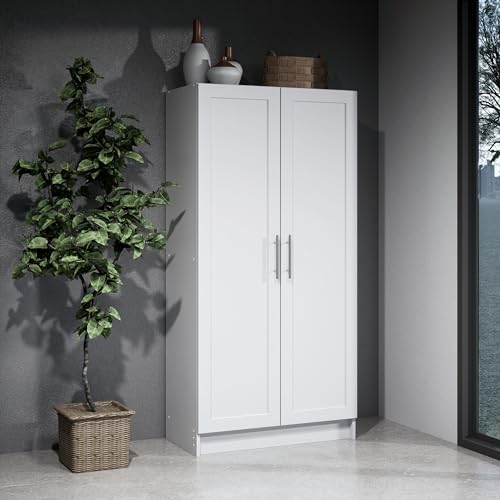 Elite Tall White Storage Cabinet with Shaker Doors and 3 Shelves Prepac