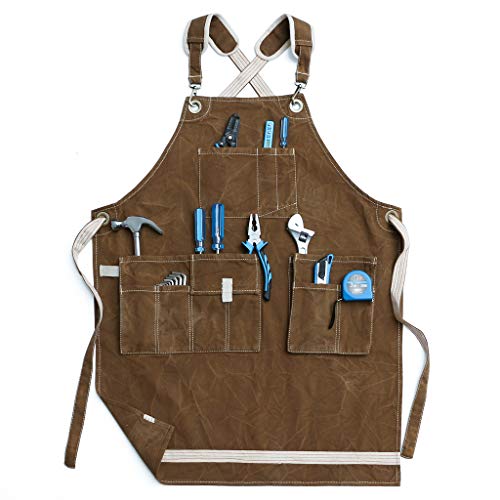 Jeanerlor Waxed Canvas Work Apron for Women with 11 Pockets Water-Resistant Tool Apron Smart Cross-Back Straps Design Adjustable S-M (Coffee) Jeanerlor