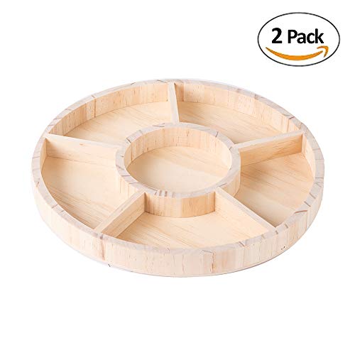 Wooden Tray with 6 Sections – 2 Pack Round Tray Chip and Dip Platter – Divided Serving Tray for Appetizers & Snacks – Veggie Platter - Food Trays for Hammont