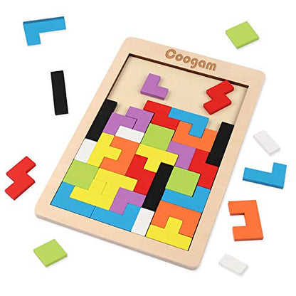 Coogam Wooden Blocks Puzzle Brain Teasers Toy Tangram Jigsaw Intelligence Colorful 3D Russian Blocks Game STEM Montessori Educational Gift for Kids