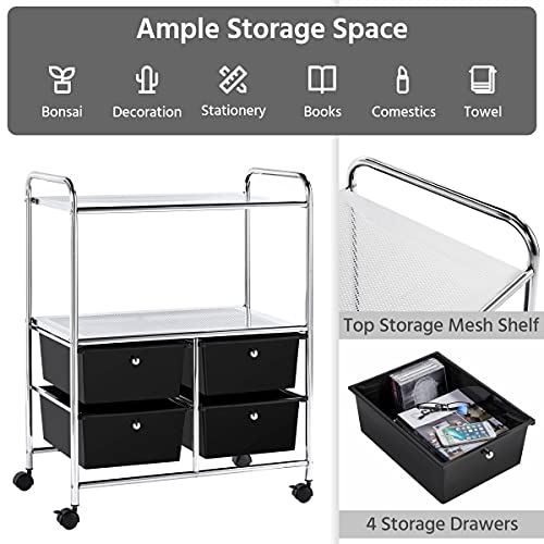Yaheetech Rolling Storage Cart with 4 Drawers 2 Shelves Plastic Trolley on Wheels for Home Office School Beauty Salon, Black Yaheetech