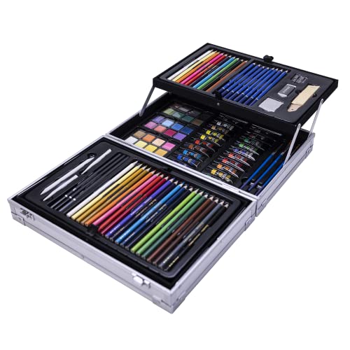 RoseArt Premium 146 Piece Art Set, Fold-out Metal Artist Case & Drawing Kit with Color Pencils, Oil Pastels, Acrylic Paints, Watercolor Cakes, Sketch RoseArt
